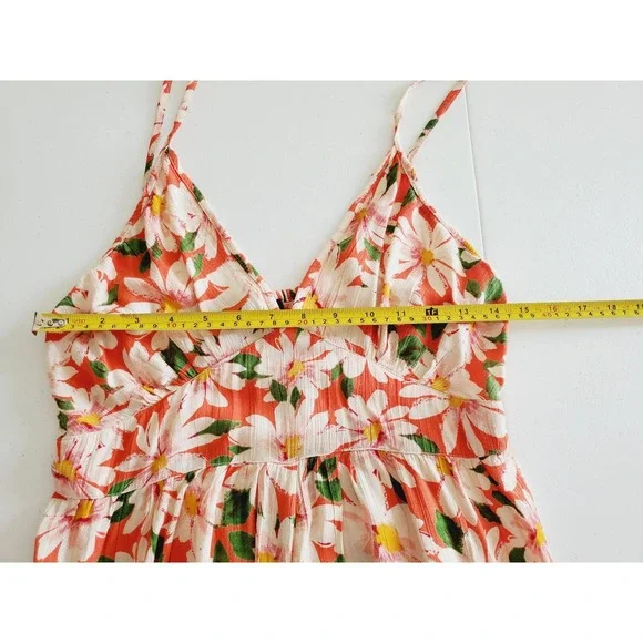 Angie Womens M Orange Daisy Floral Print Wide Leg Jumpsuit Smocked Bohemian Boho - Picture 7 of 10
